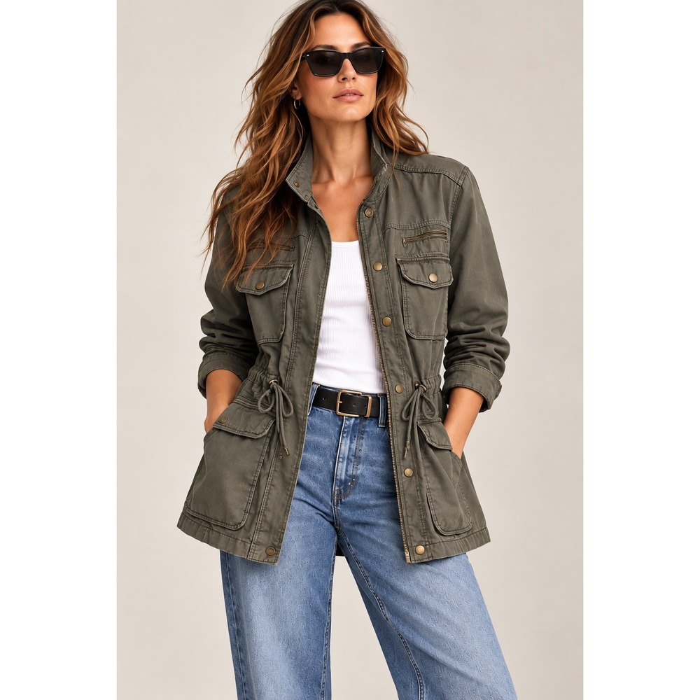 Lucky Brand Women Utility Field Jacket Olive Green Cotton Linen Blend M Gorpcore